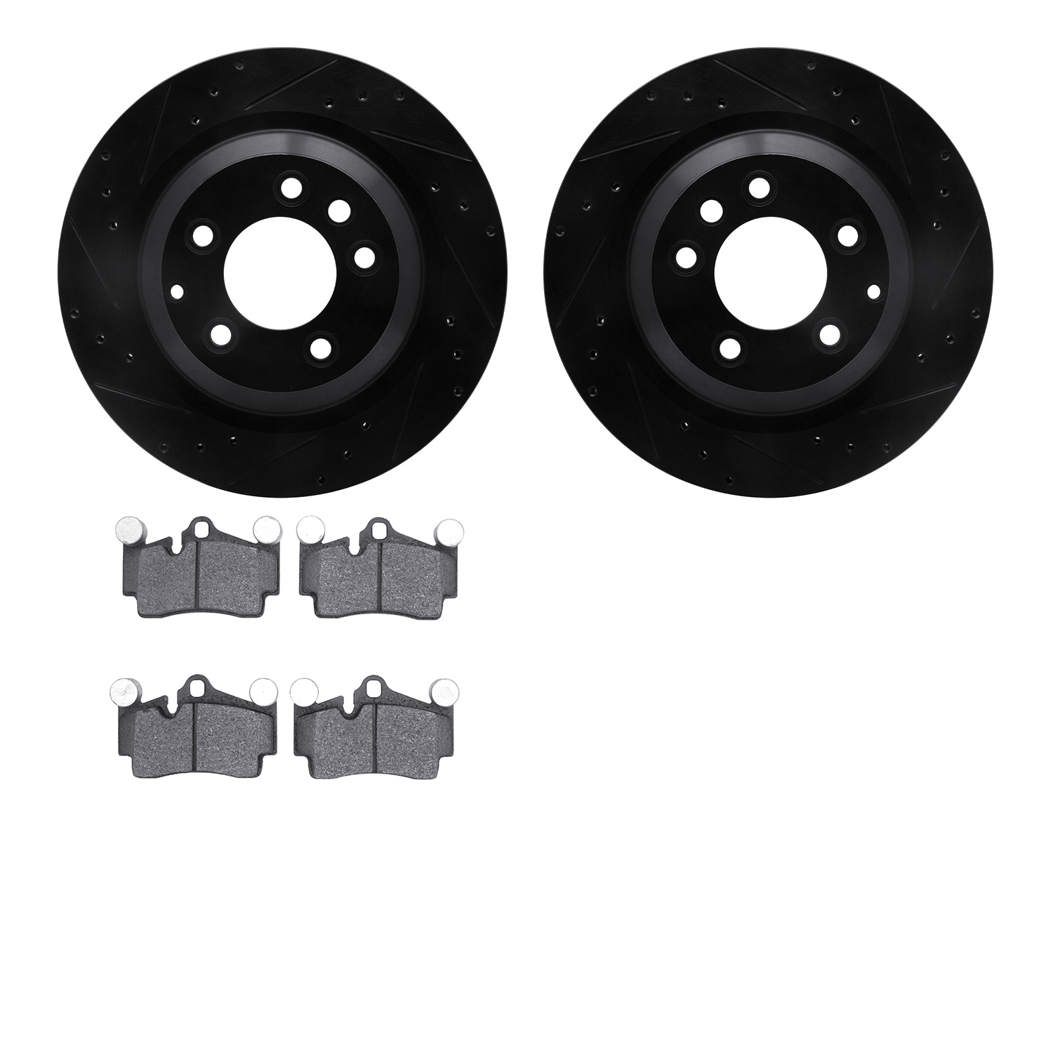 8502-02139 Drilled/Slotted Brake Rotors w/5000 Advanced Brake Pads Kit [Black], 2005-2006 Porsche, Position: Rear