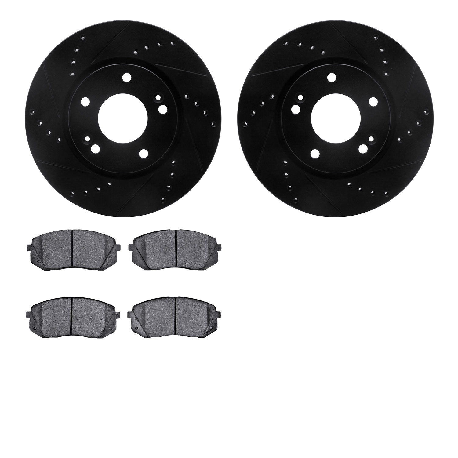 8502-03019 Drilled/Slotted Brake Rotors w/5000 Advanced Brake Pads Kit [Black], 2011-2012 Kia/Hyundai/Genesis, Position: Front