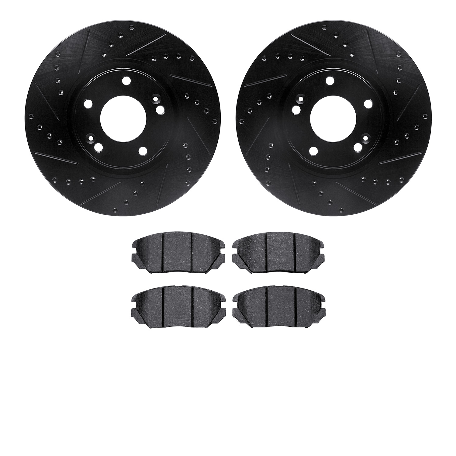 8502-03026 Drilled/Slotted Brake Rotors w/5000 Advanced Brake Pads Kit [Black], 2006-2011 Kia/Hyundai/Genesis, Position: Front