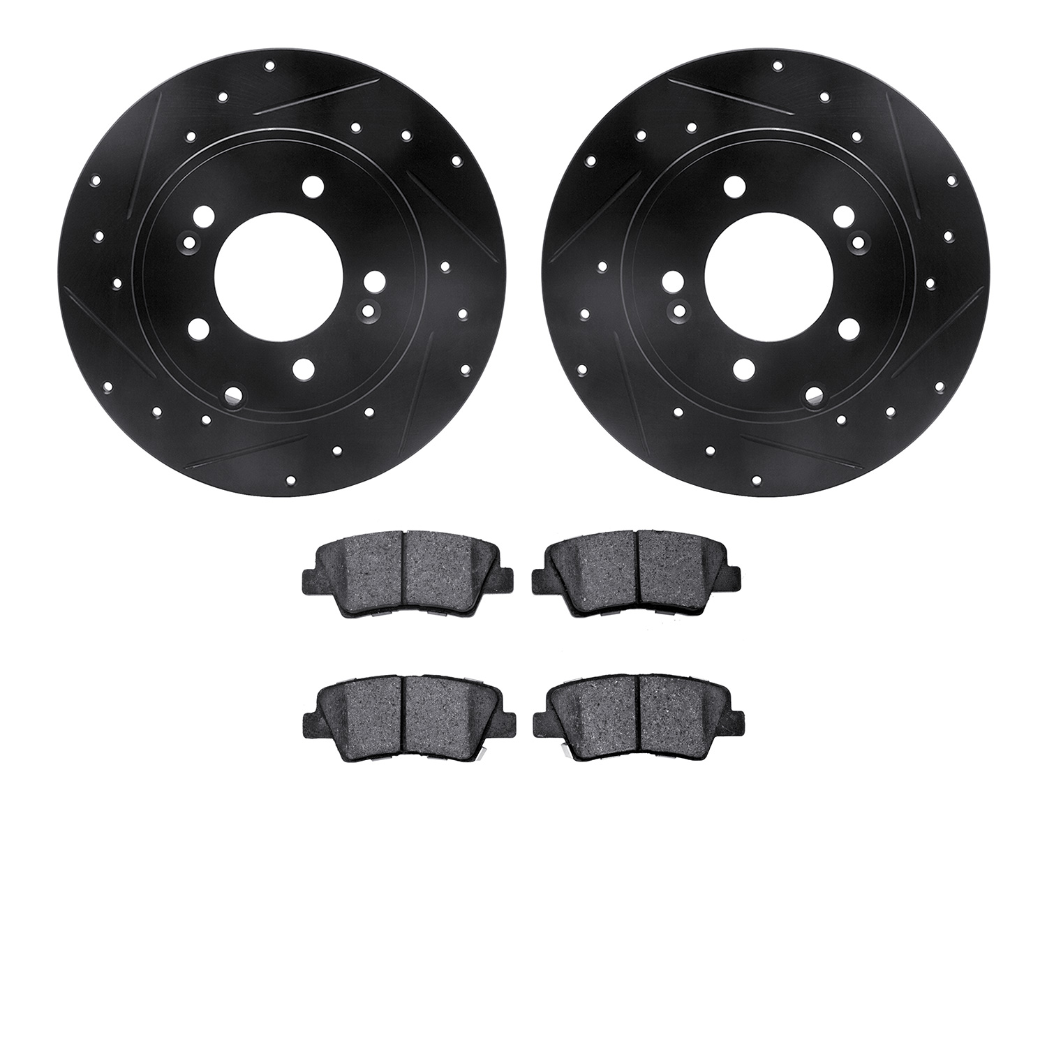 8502-03036 Drilled/Slotted Brake Rotors w/5000 Advanced Brake Pads Kit [Black], 2008-2011 Kia/Hyundai/Genesis, Position: Rear