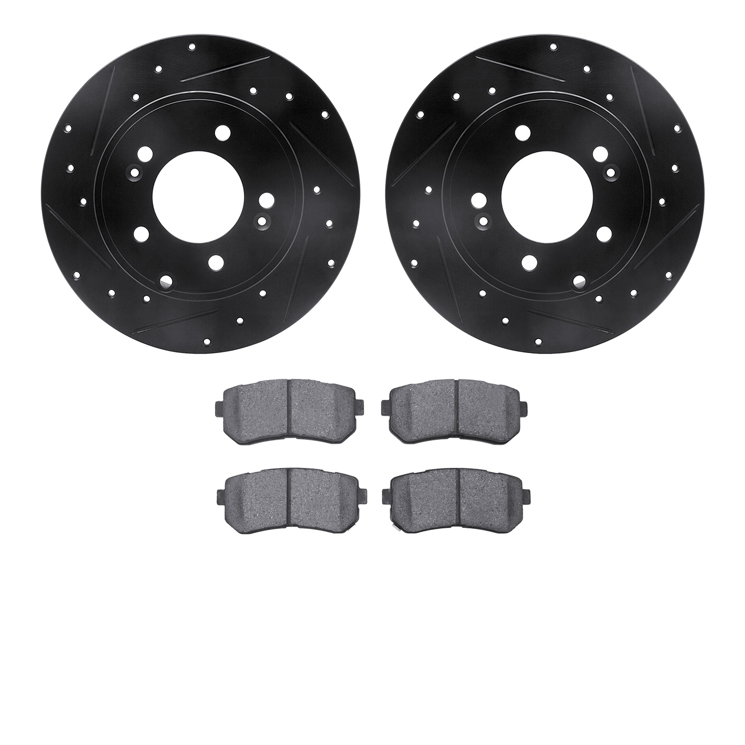 8502-03037 Drilled/Slotted Brake Rotors w/5000 Advanced Brake Pads Kit [Black], 2014-2020 Kia/Hyundai/Genesis, Position: Rear