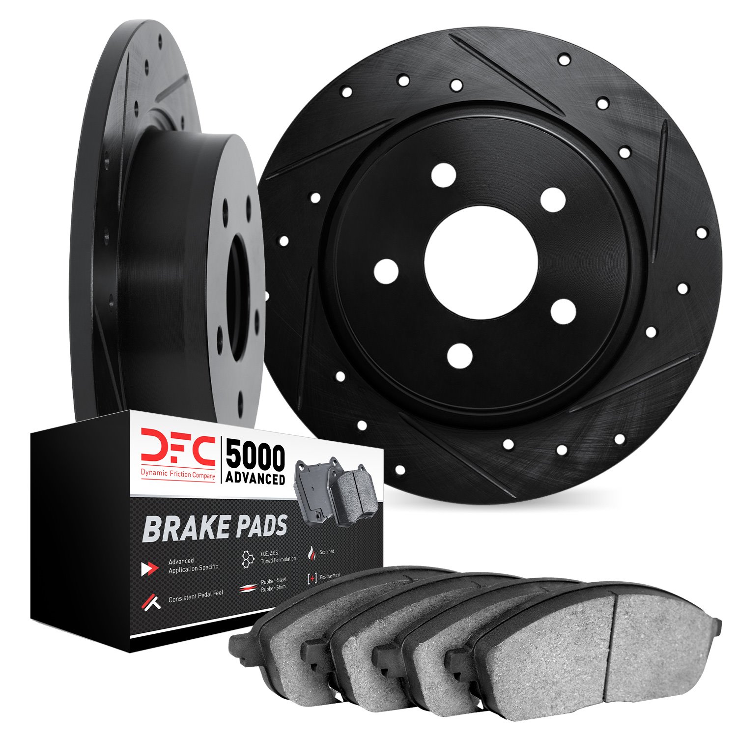 8502-03038 Drilled/Slotted Brake Rotors w/5000 Advanced Brake Pads Kit [Black], 2009-2017 Kia/Hyundai/Genesis, Position: Rear