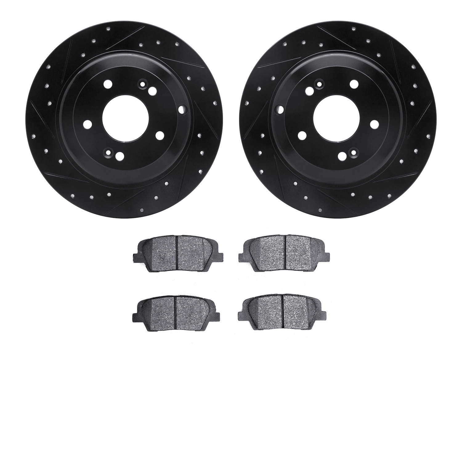8502-03052 Drilled/Slotted Brake Rotors w/5000 Advanced Brake Pads Kit [Black], 2010-2016 Kia/Hyundai/Genesis, Position: Rear