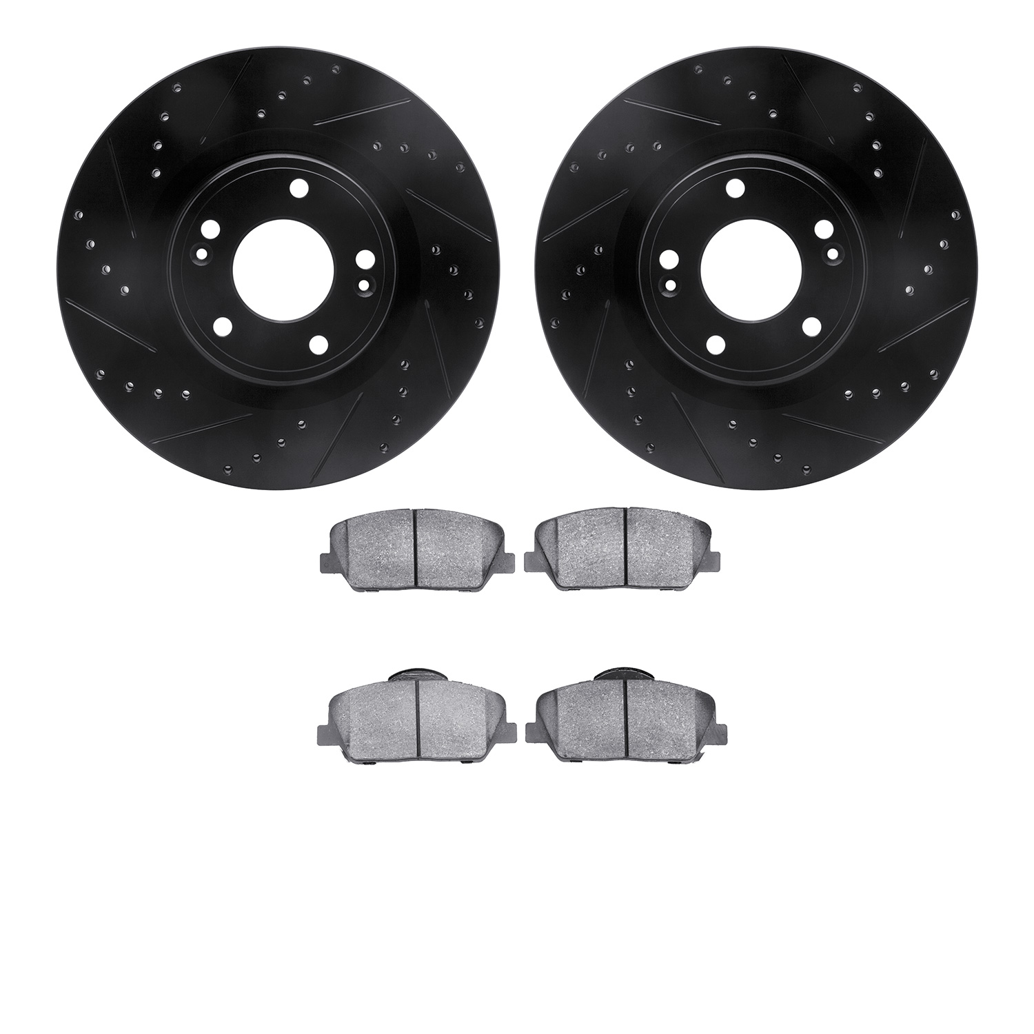 8502-03053 Drilled/Slotted Brake Rotors w/5000 Advanced Brake Pads Kit [Black], 2010-2016 Kia/Hyundai/Genesis, Position: Front