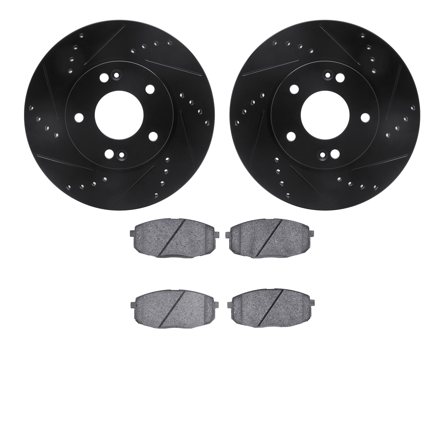 8502-03060 Drilled/Slotted Brake Rotors w/5000 Advanced Brake Pads Kit [Black], Fits Select Kia/Hyundai/Genesis, Position: Front