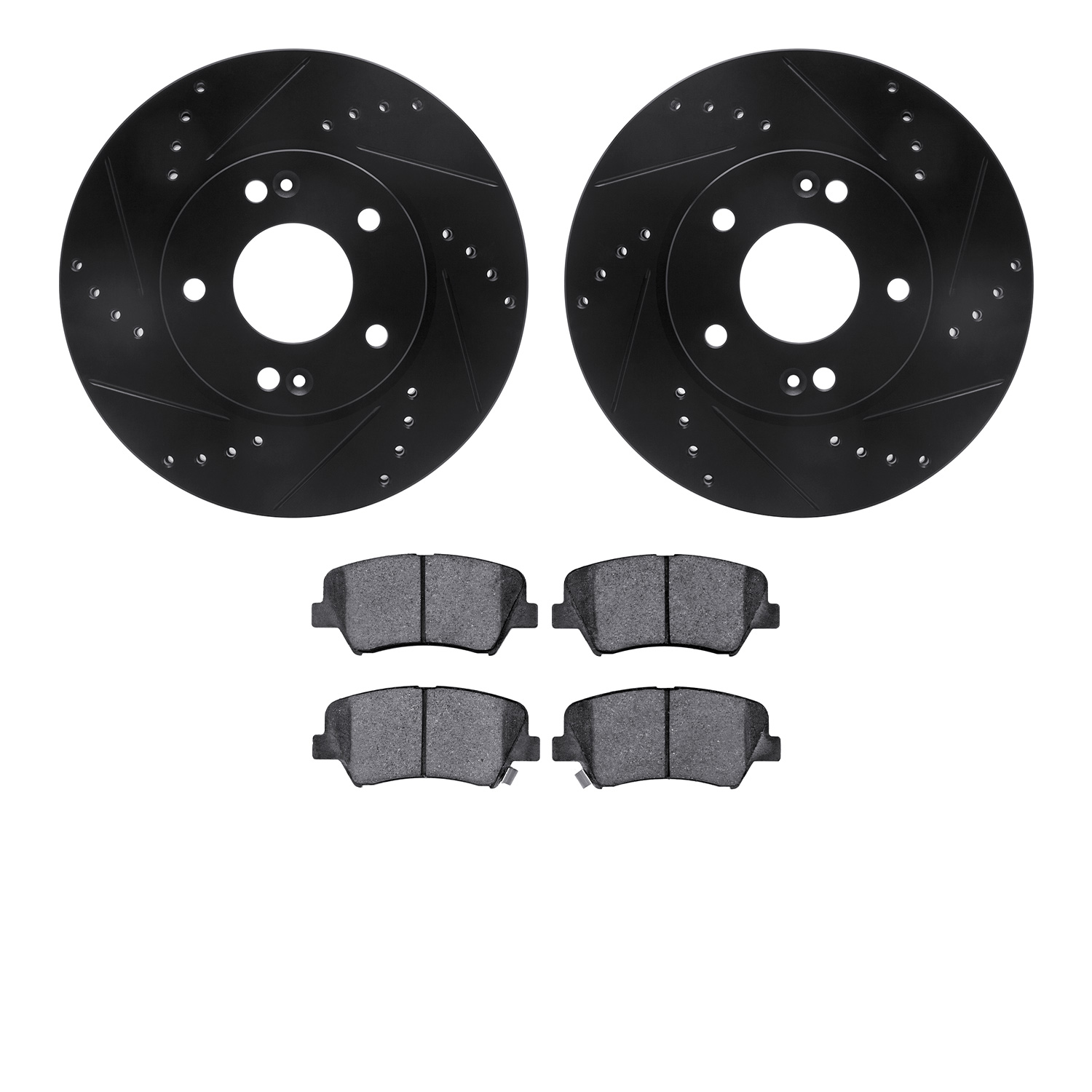 8502-03061 Drilled/Slotted Brake Rotors w/5000 Advanced Brake Pads Kit [Black], 2011-2016 Kia/Hyundai/Genesis, Position: Front