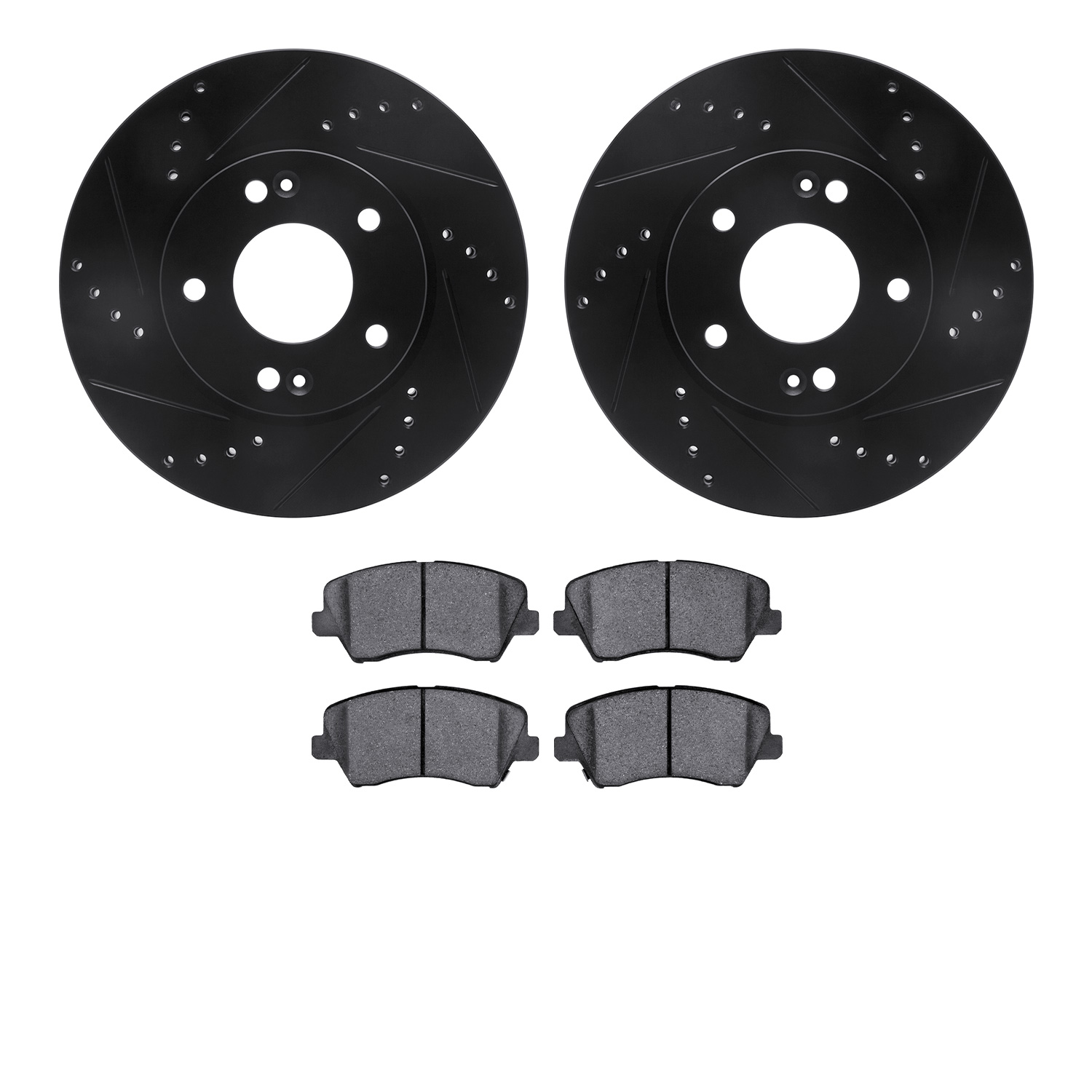 8502-03062 Drilled/Slotted Brake Rotors w/5000 Advanced Brake Pads Kit [Black], 2016-2021 Kia/Hyundai/Genesis, Position: Front