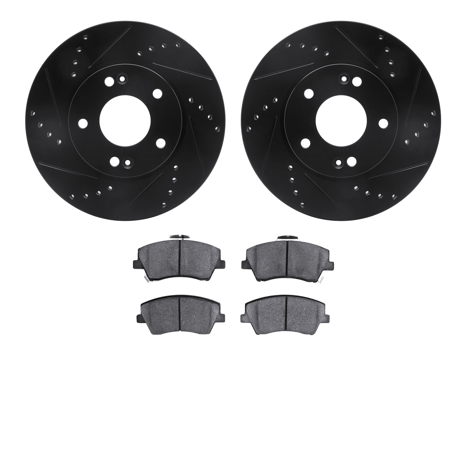 8502-03063 Drilled/Slotted Brake Rotors w/5000 Advanced Brake Pads Kit [Black], 2017-2020 Kia/Hyundai/Genesis, Position: Front