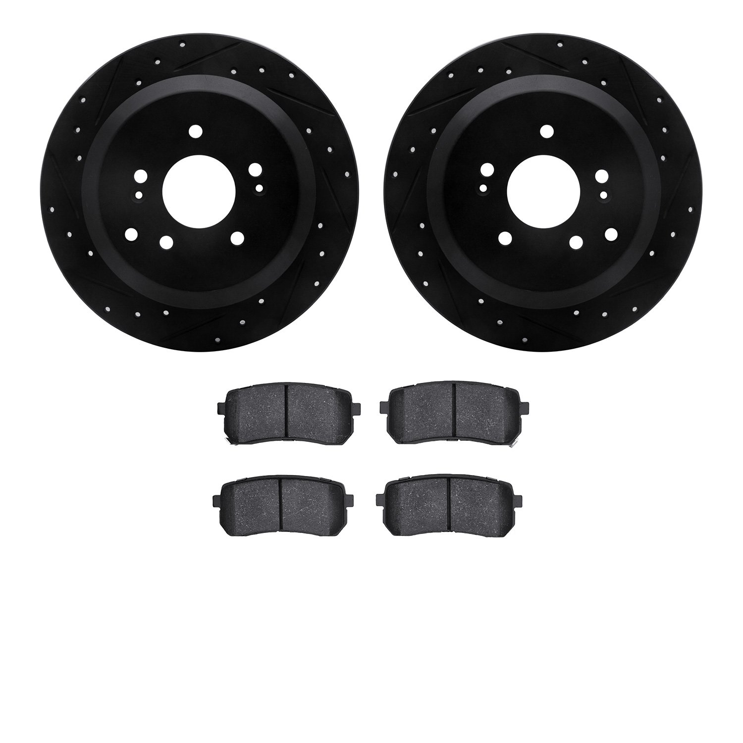 8502-03080 Drilled/Slotted Brake Rotors w/5000 Advanced Brake Pads Kit [Black], 2007-2012 Kia/Hyundai/Genesis, Position: Rear