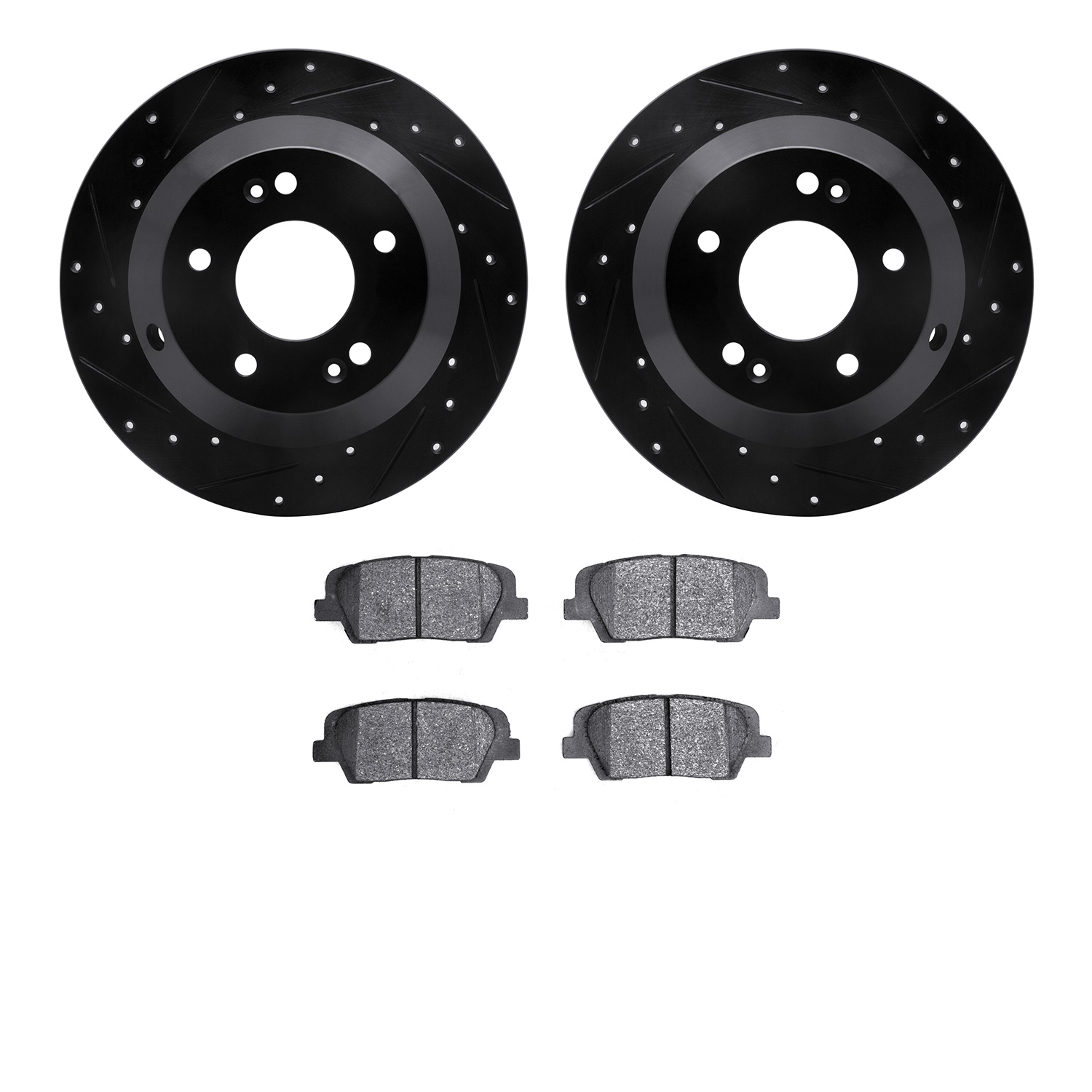 8502-03088 Drilled/Slotted Brake Rotors w/5000 Advanced Brake Pads Kit [Black], 2010-2019 Kia/Hyundai/Genesis, Position: Rear