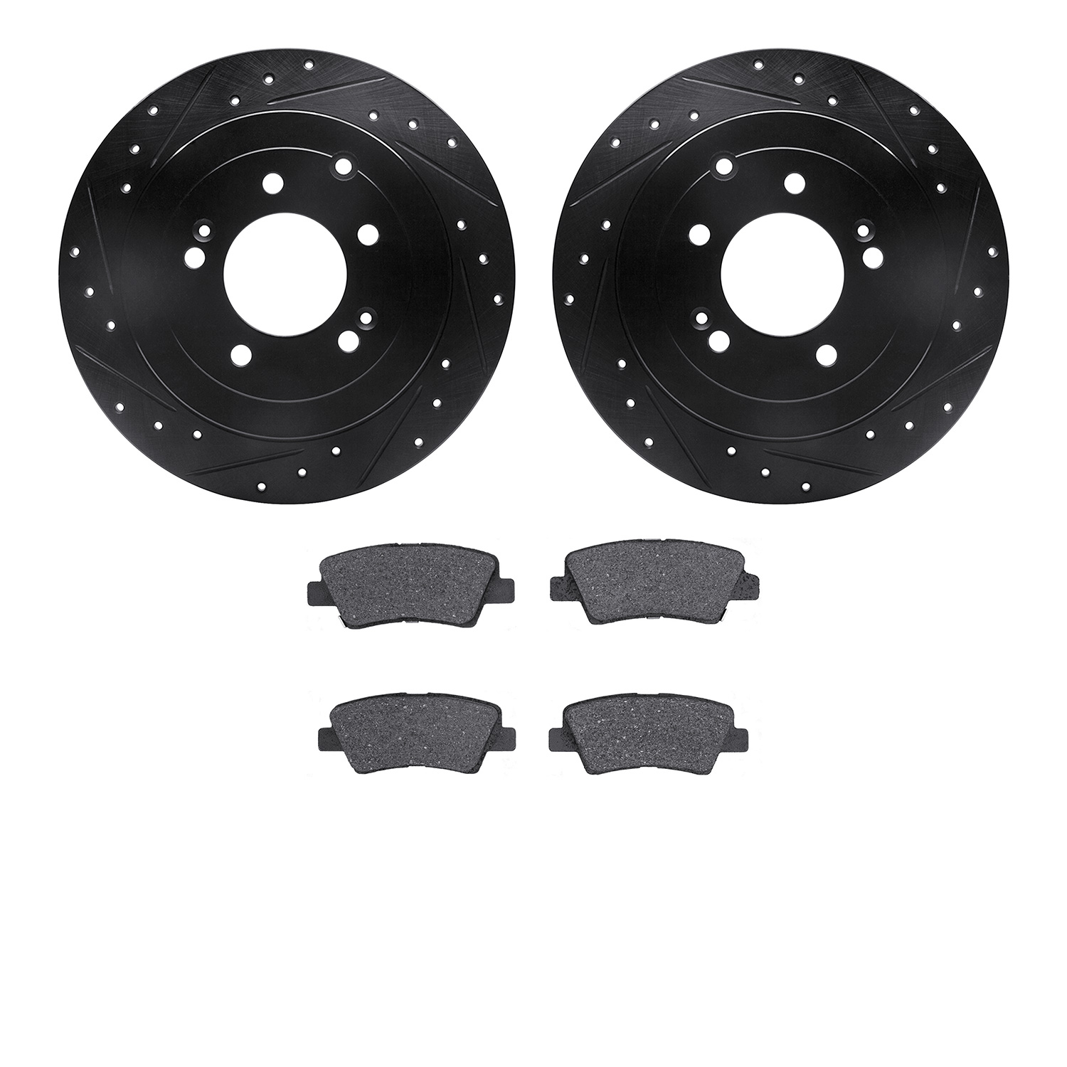 8502-03095 Drilled/Slotted Brake Rotors w/5000 Advanced Brake Pads Kit [Black], Fits Select Kia/Hyundai/Genesis, Position: Rear