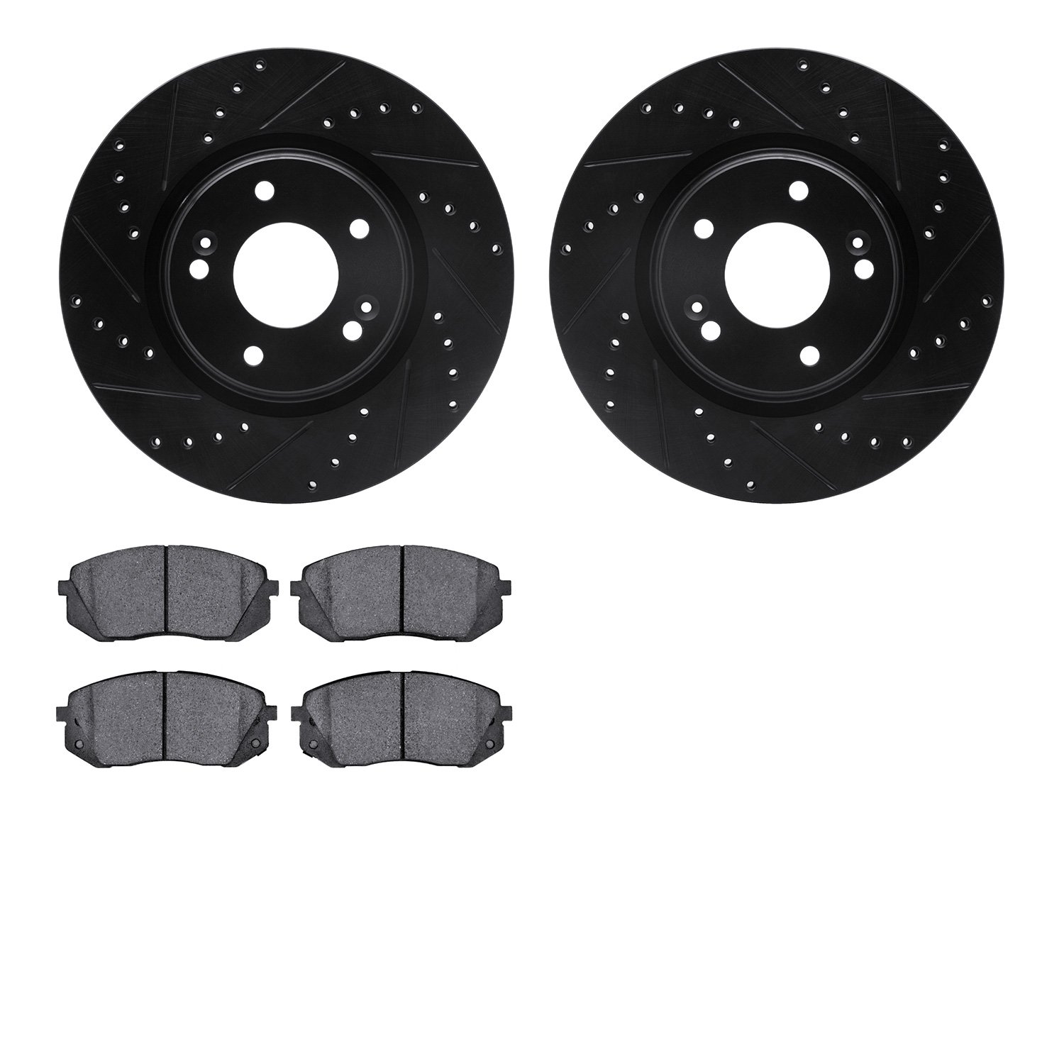 8502-03097 Drilled/Slotted Brake Rotors w/5000 Advanced Brake Pads Kit [Black], Fits Select Kia/Hyundai/Genesis, Position: Front