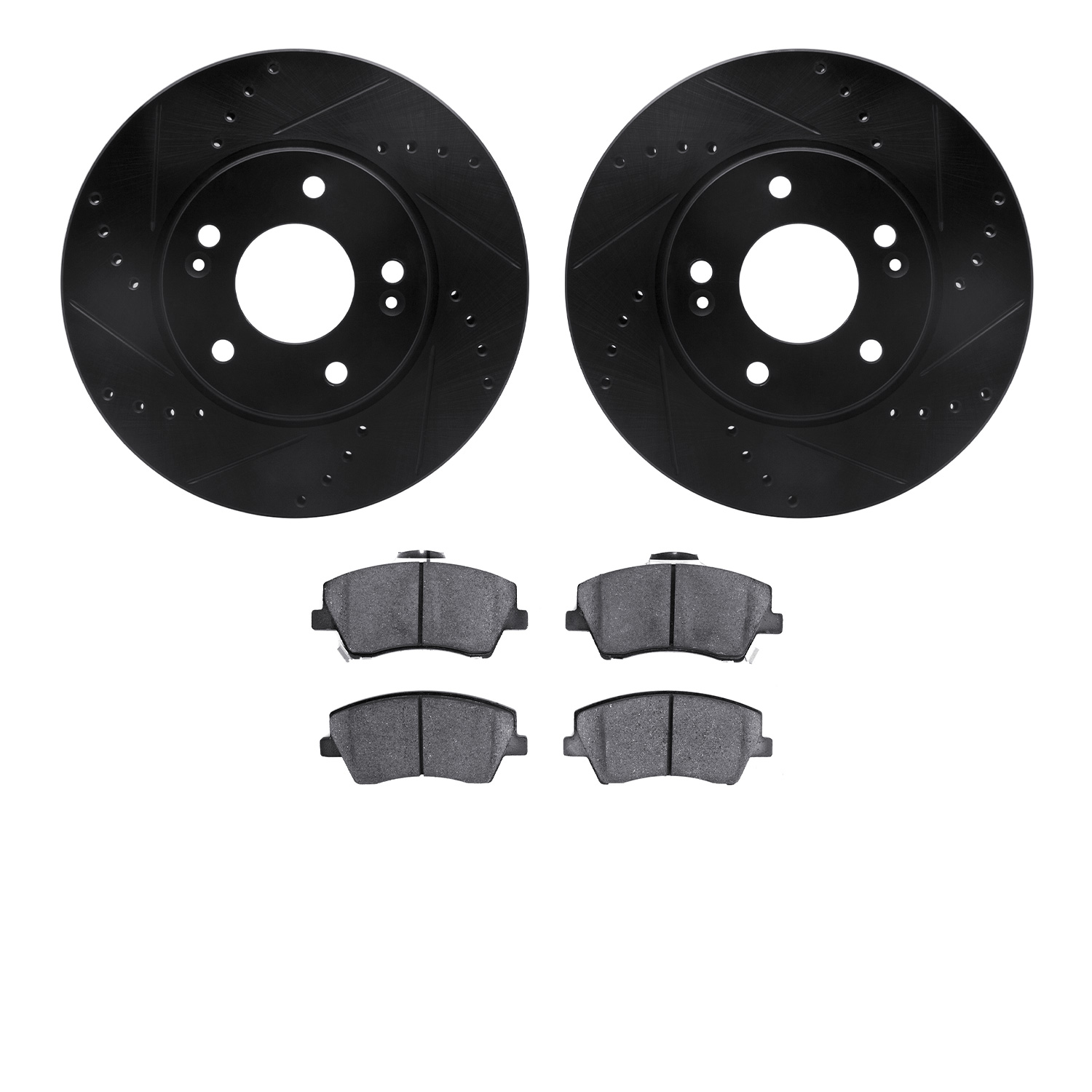 8502-03098 Drilled/Slotted Brake Rotors w/5000 Advanced Brake Pads Kit [Black], Fits Select Kia/Hyundai/Genesis, Position: Front