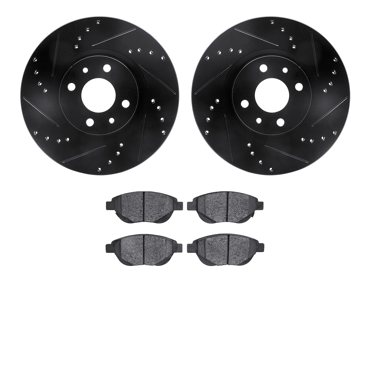 8502-07004 Drilled/Slotted Brake Rotors w/5000 Advanced Brake Pads Kit [Black], 2012-2019 Mopar, Position: Front