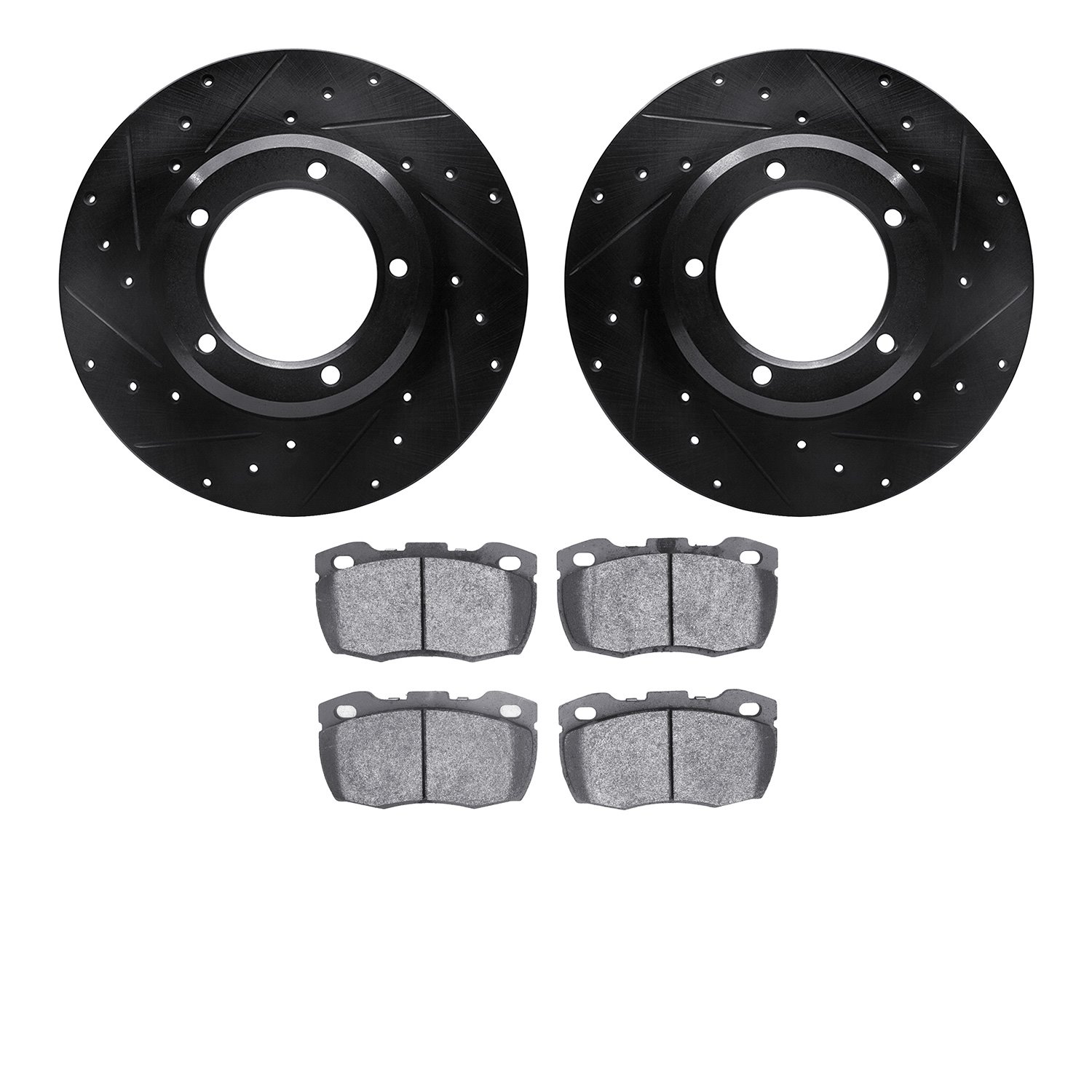 8502-11004 Drilled/Slotted Brake Rotors w/5000 Advanced Brake Pads Kit [Black], 1993-1993 Land Rover, Position: Front