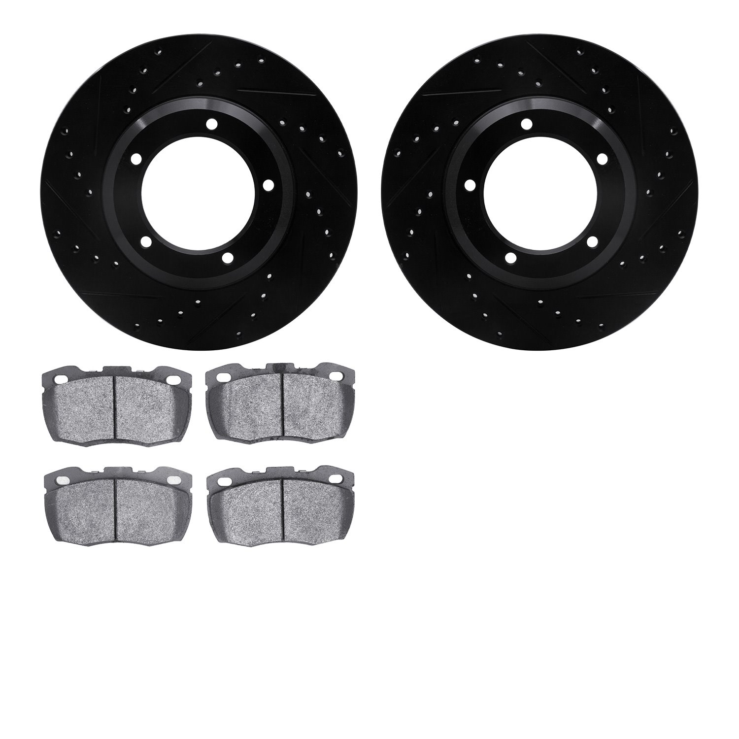 8502-11006 Drilled/Slotted Brake Rotors w/5000 Advanced Brake Pads Kit [Black], 1994-2016 Land Rover, Position: Front