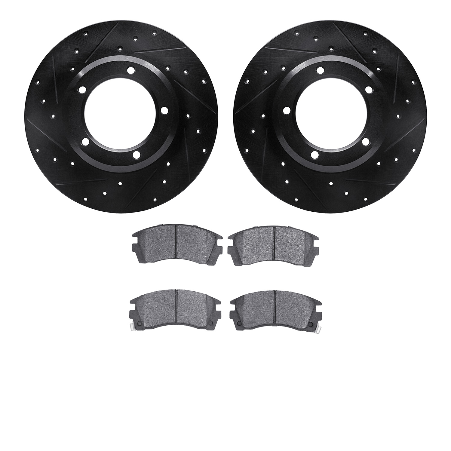 8502-11007 Drilled/Slotted Brake Rotors w/5000 Advanced Brake Pads Kit [Black], 1974-1974 Land Rover, Position: Front