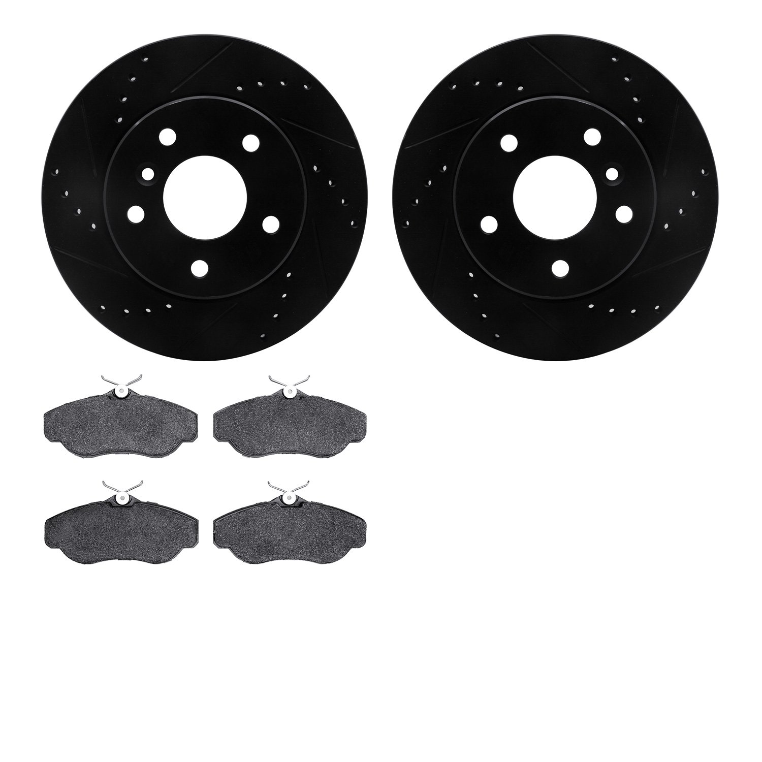 8502-11009 Drilled/Slotted Brake Rotors w/5000 Advanced Brake Pads Kit [Black], 1999-2004 Land Rover, Position: Front