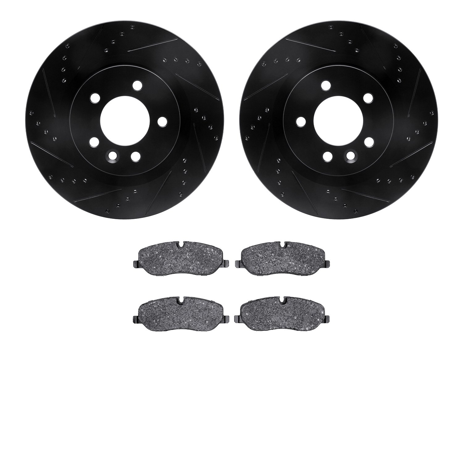 8502-11013 Drilled/Slotted Brake Rotors w/5000 Advanced Brake Pads Kit [Black], 2005-2009 Land Rover, Position: Front