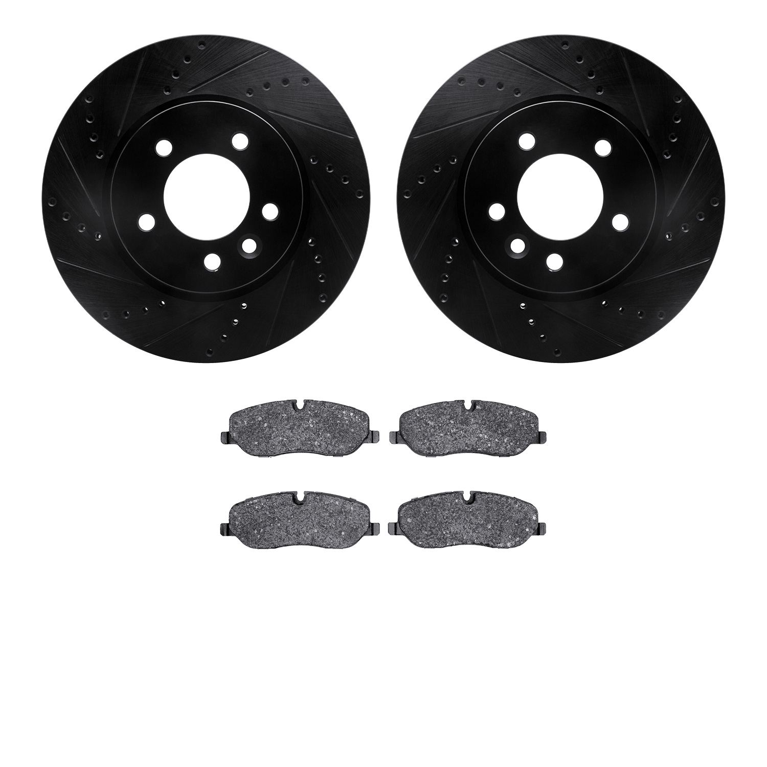 8502-11017 Drilled/Slotted Brake Rotors w/5000 Advanced Brake Pads Kit [Black], 2005-2007 Land Rover, Position: Front