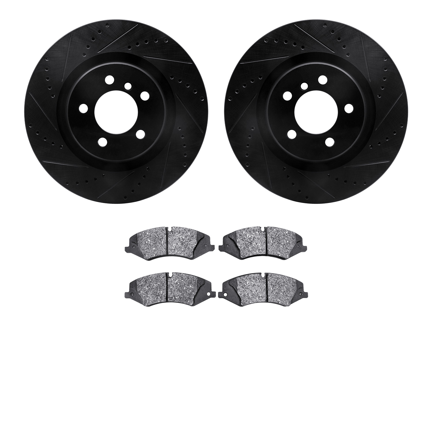 8502-11018 Drilled/Slotted Brake Rotors w/5000 Advanced Brake Pads Kit [Black], 2010-2012 Land Rover, Position: Front