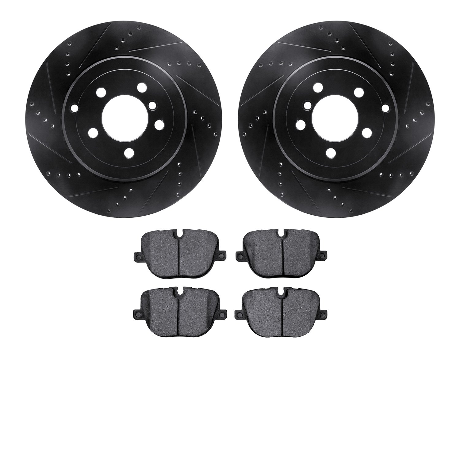 8502-11023 Drilled/Slotted Brake Rotors w/5000 Advanced Brake Pads Kit [Black], 2010-2012 Land Rover, Position: Rear