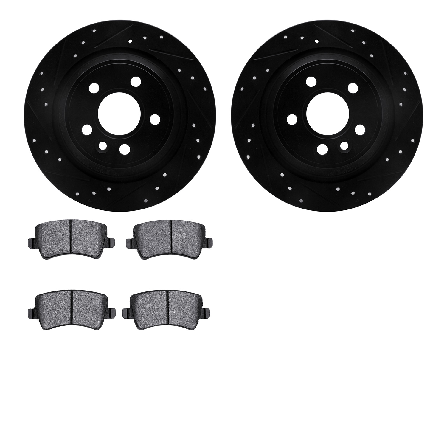 8502-11026 Drilled/Slotted Brake Rotors w/5000 Advanced Brake Pads Kit [Black], 2012-2015 Land Rover, Position: Rear
