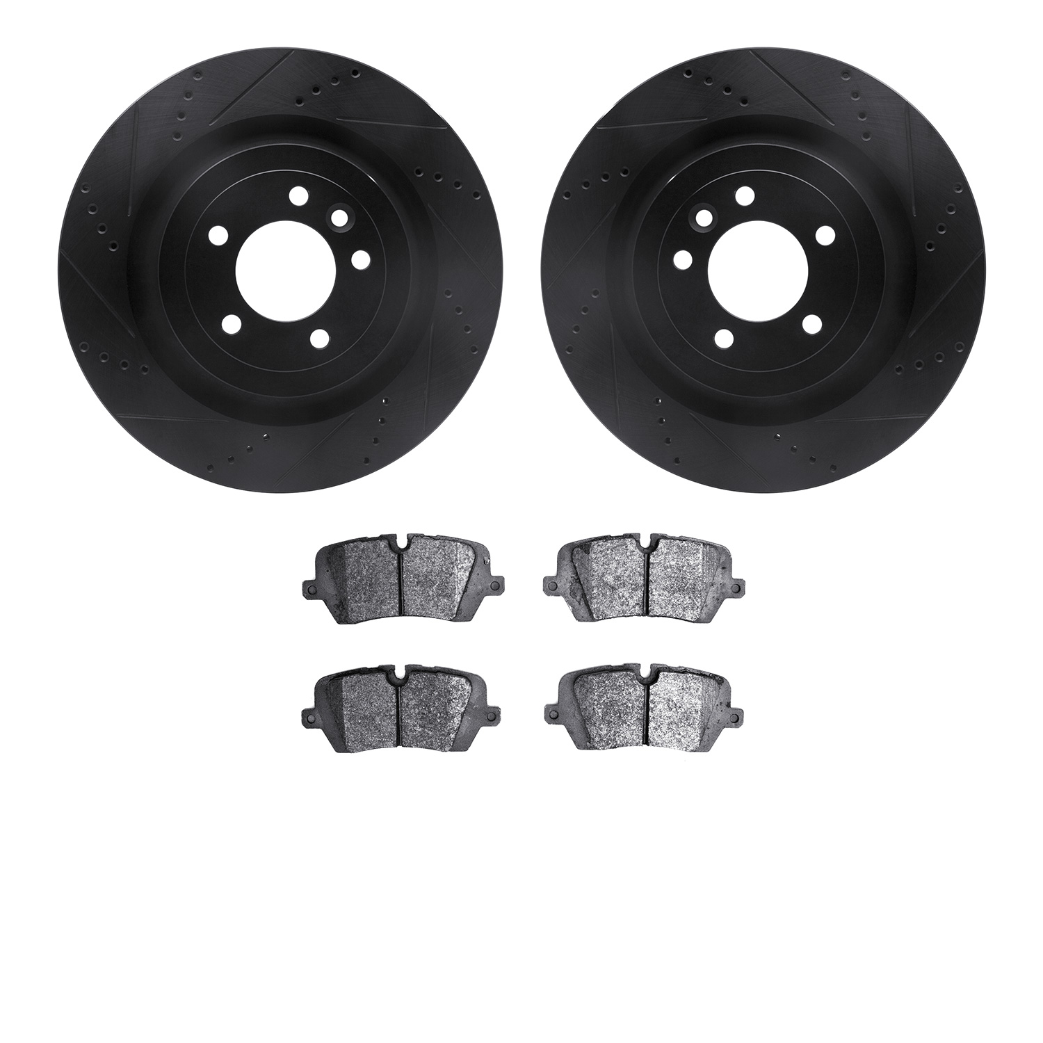 8502-11030 Drilled/Slotted Brake Rotors w/5000 Advanced Brake Pads Kit [Black], 2013-2021 Land Rover, Position: Rear