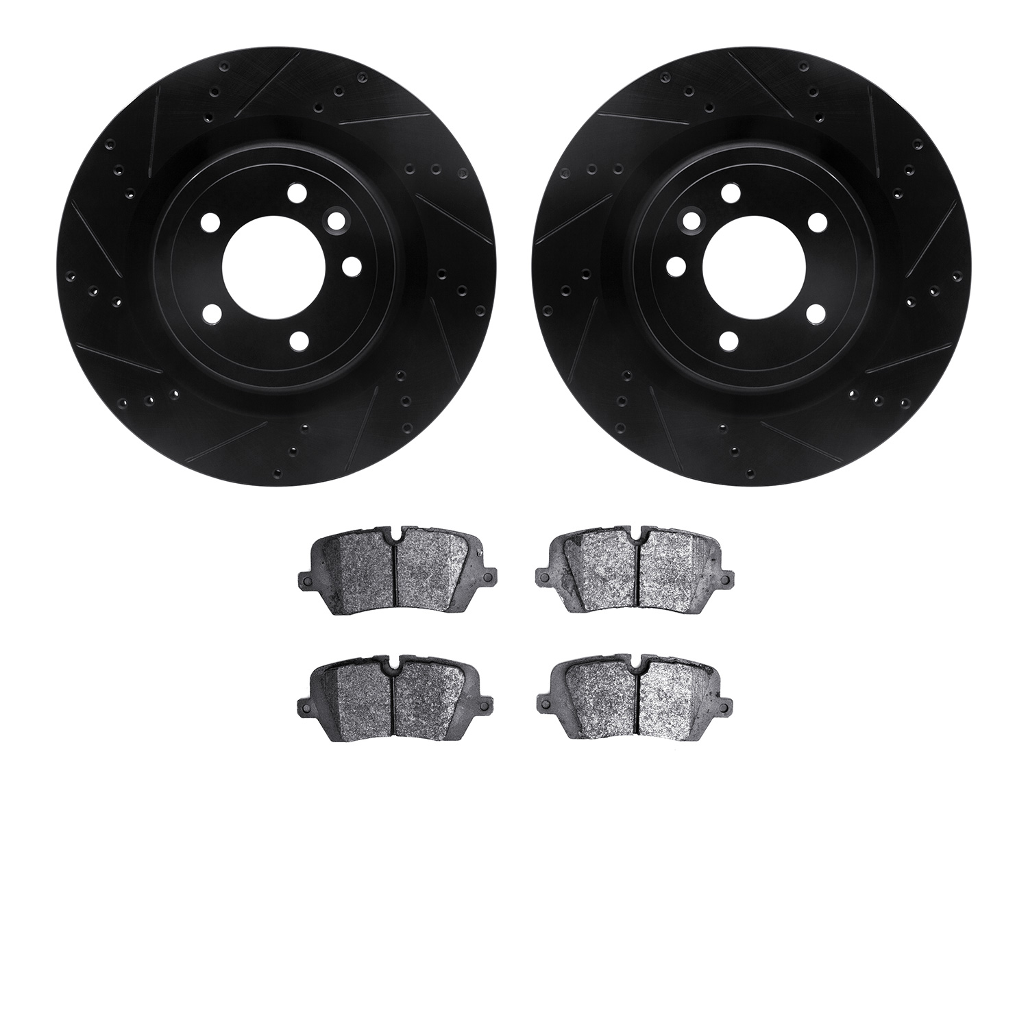8502-11035 Drilled/Slotted Brake Rotors w/5000 Advanced Brake Pads Kit [Black], 2014-2017 Land Rover, Position: Rear