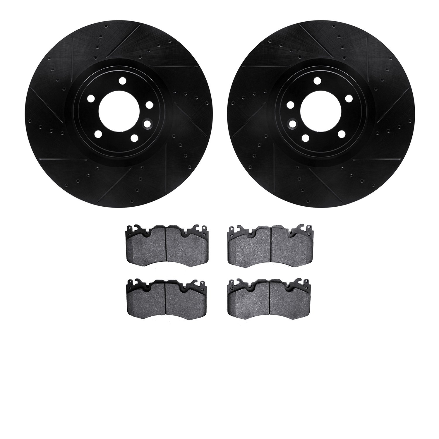 8502-11039 Drilled/Slotted Brake Rotors w/5000 Advanced Brake Pads Kit [Black], Fits Select Land Rover, Position: Front