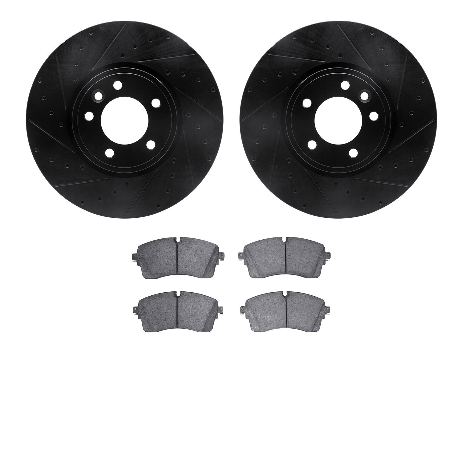 8502-11040 Drilled/Slotted Brake Rotors w/5000 Advanced Brake Pads Kit [Black], 2018-2020 Land Rover, Position: Front
