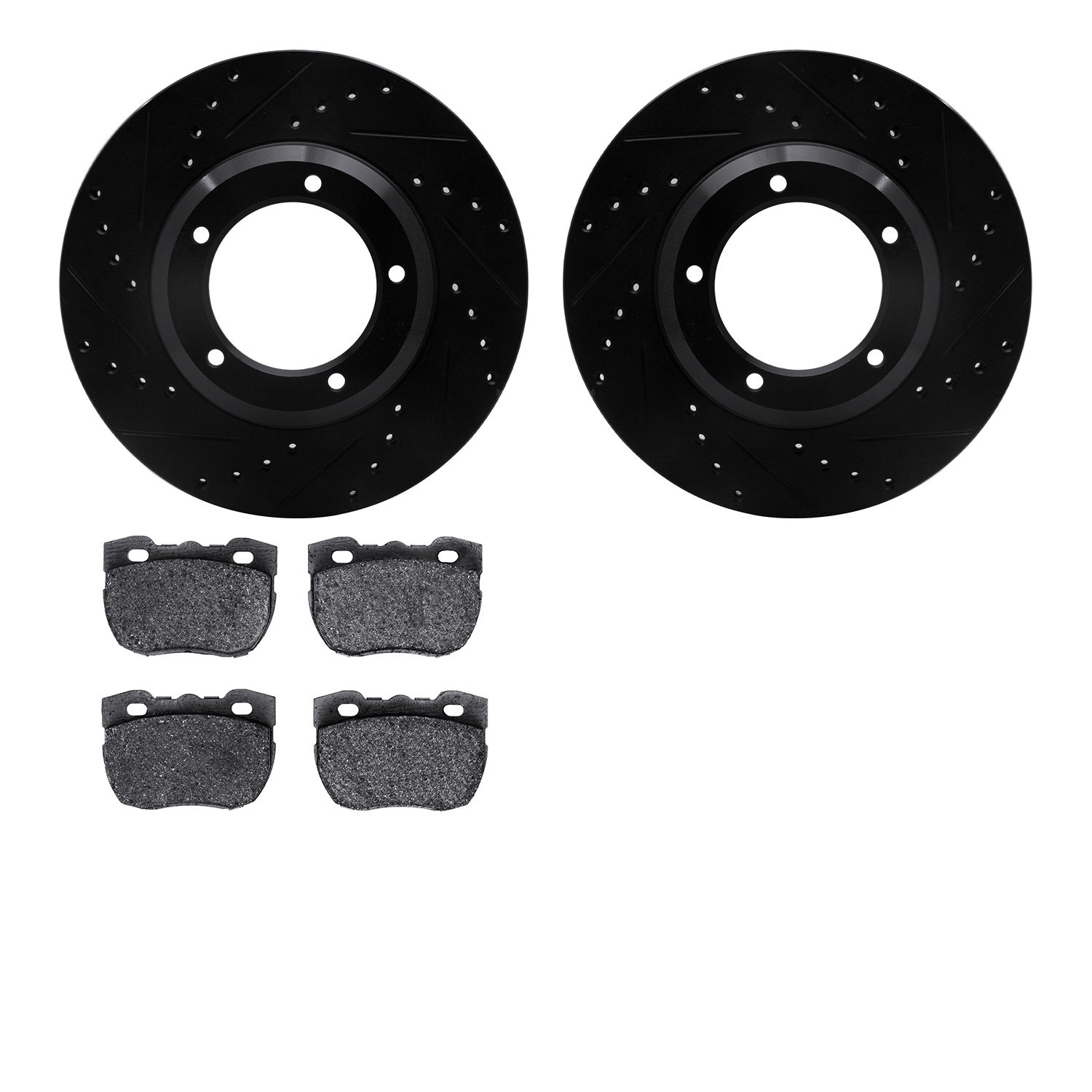 8502-11042 Drilled/Slotted Brake Rotors w/5000 Advanced Brake Pads Kit [Black], 1990-1995 Land Rover, Position: Front