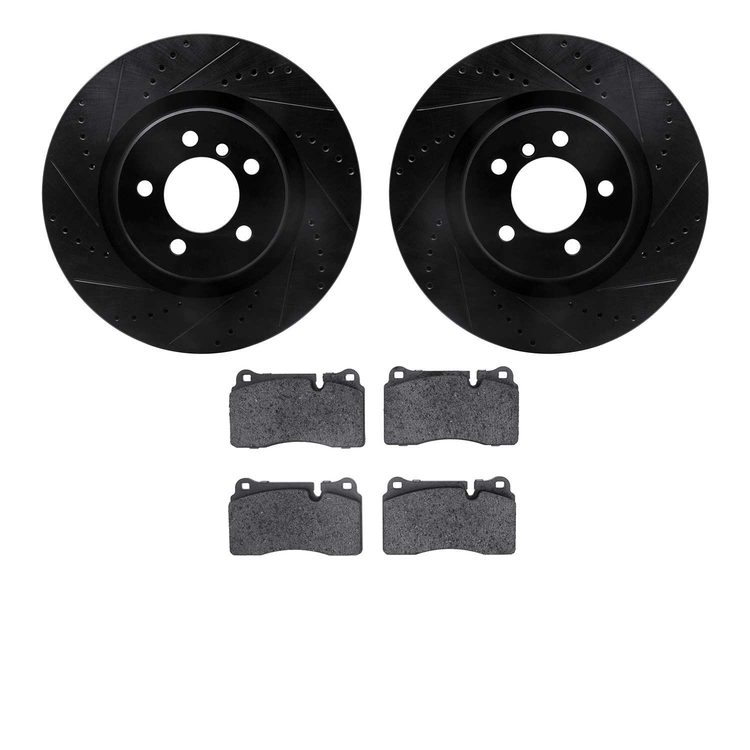 8502-11103 Drilled/Slotted Brake Rotors w/5000 Advanced Brake Pads Kit [Black], 2006-2009 Land Rover, Position: Front