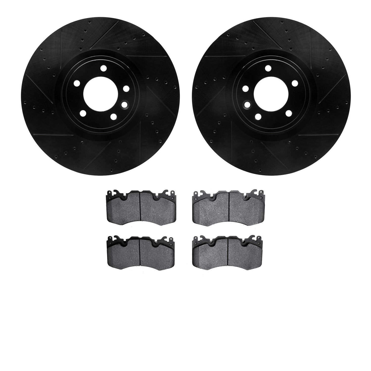 8502-11176 Drilled/Slotted Brake Rotors w/5000 Advanced Brake Pads Kit [Black], 2018-2021 Land Rover, Position: Front