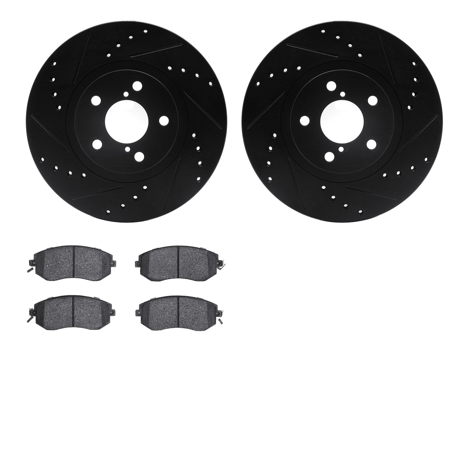 8502-13009 Drilled/Slotted Brake Rotors w/5000 Advanced Brake Pads Kit [Black], 2011-2016 Subaru, Position: Front