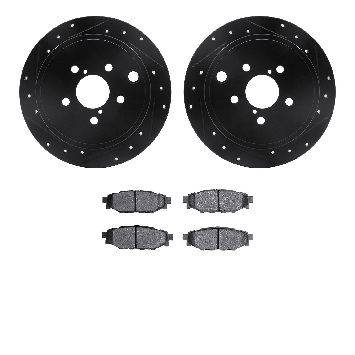 8502-13041 Drilled/Slotted Brake Rotors w/5000 Advanced Brake Pads Kit [Black], 2008-2015 Subaru, Position: Rear