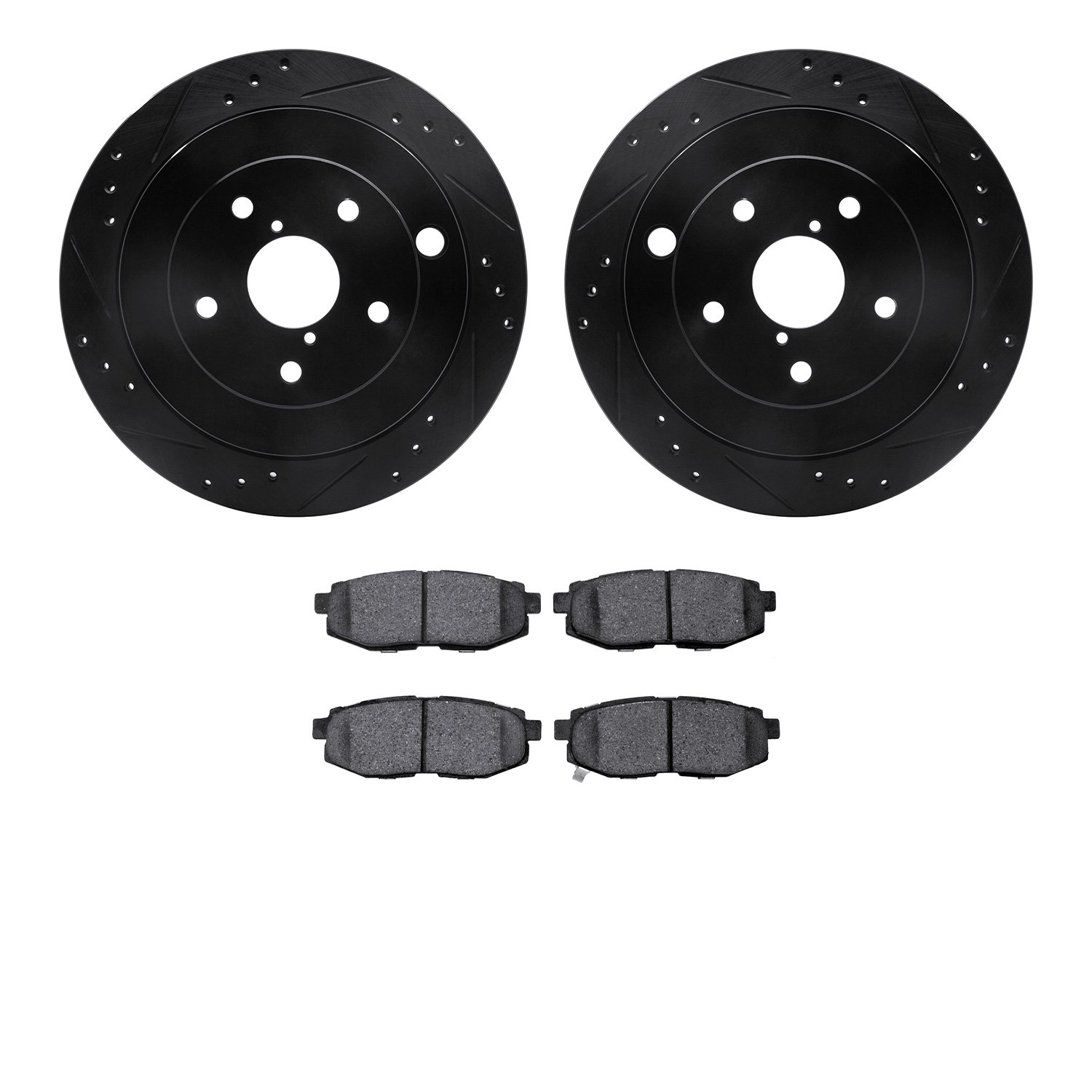 8502-13046 Drilled/Slotted Brake Rotors w/5000 Advanced Brake Pads Kit [Black], 2006-2014 Subaru, Position: Rear