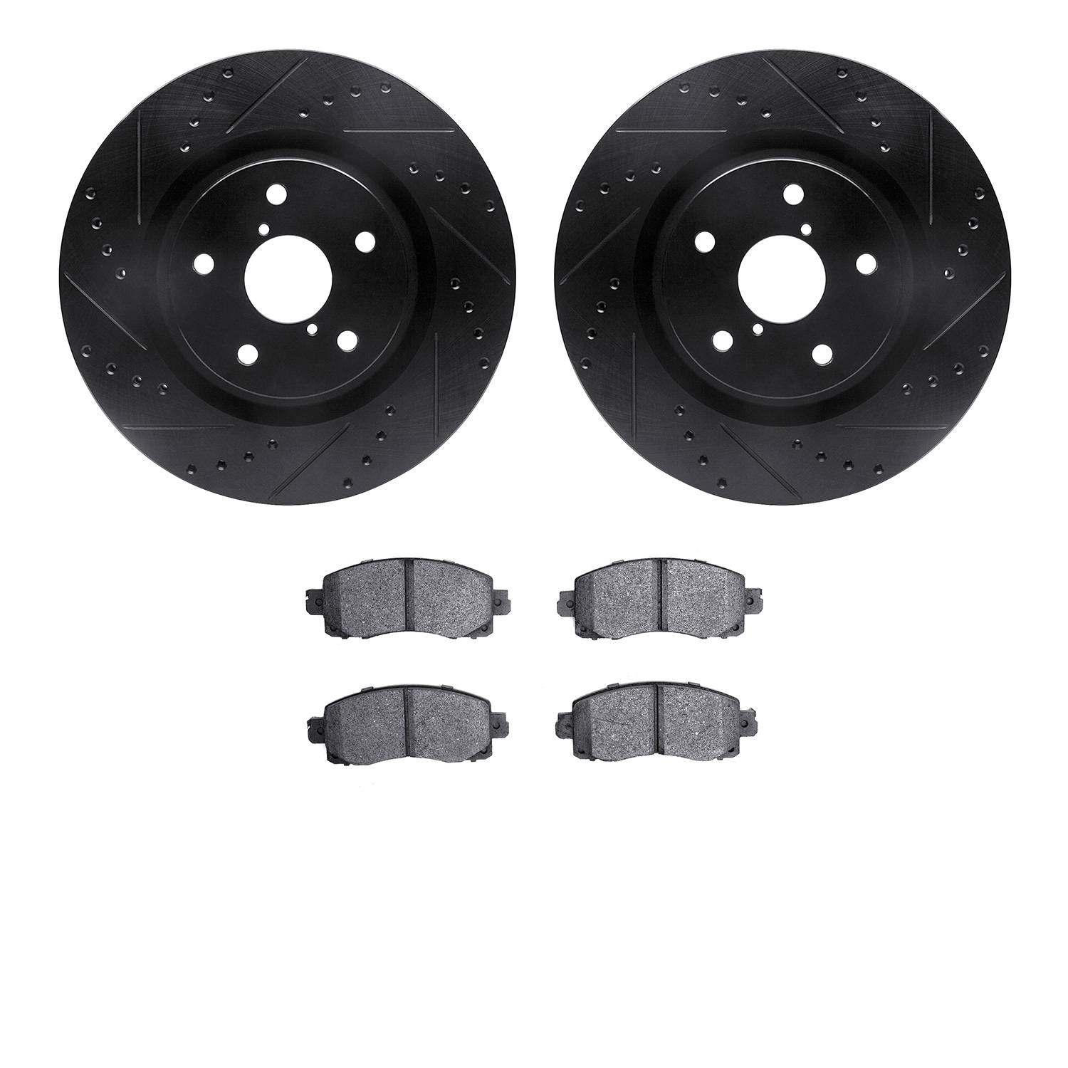 8502-13055 Drilled/Slotted Brake Rotors w/5000 Advanced Brake Pads Kit [Black], Fits Select Subaru, Position: Front