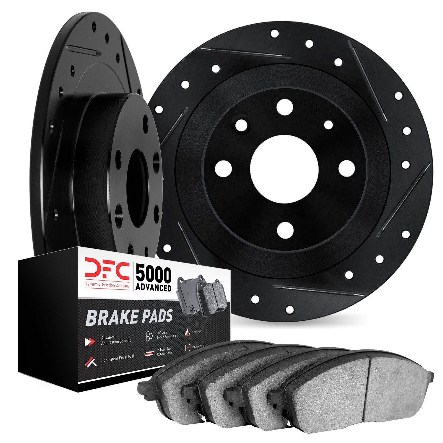 8502-14007 Drilled/Slotted Brake Rotors w/5000 Advanced Brake Pads Kit [Black], 1975-1980 Triumph, Position: Front