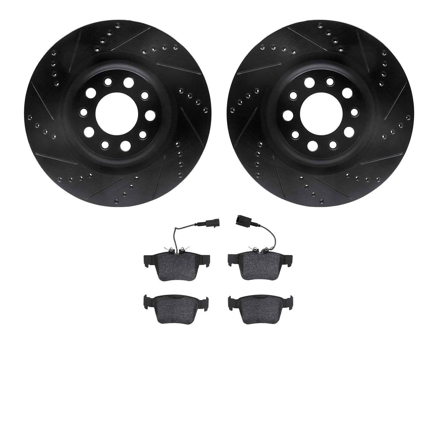 8502-16011 Drilled/Slotted Brake Rotors w/5000 Advanced Brake Pads Kit [Black], 2017-2021 Alfa Romeo, Position: Rear