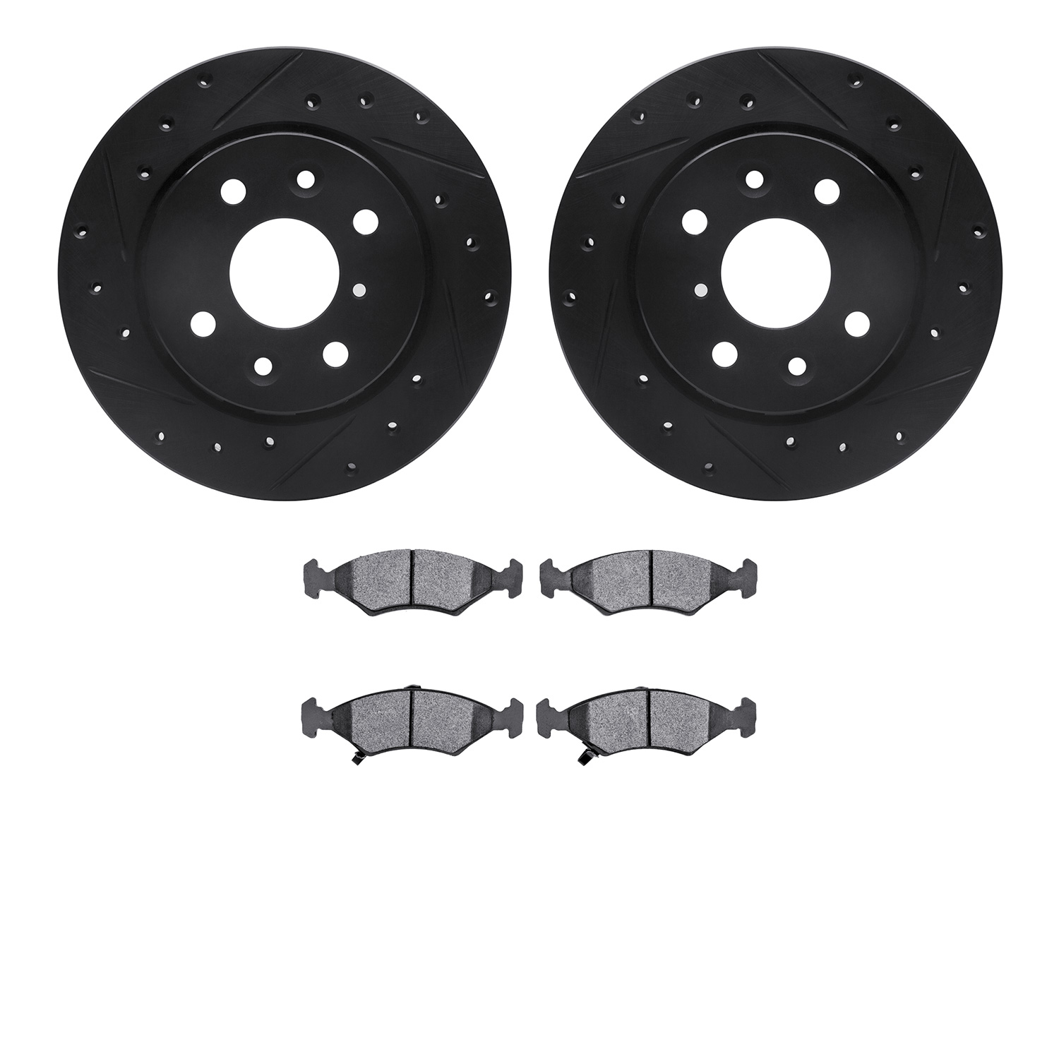 8502-21000 Drilled/Slotted Brake Rotors w/5000 Advanced Brake Pads Kit [Black], 1994-2000 Kia/Hyundai/Genesis, Position: Front