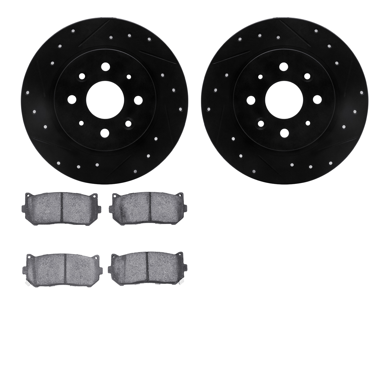 8502-21001 Drilled/Slotted Brake Rotors w/5000 Advanced Brake Pads Kit [Black], 1998-2003 Kia/Hyundai/Genesis, Position: Rear