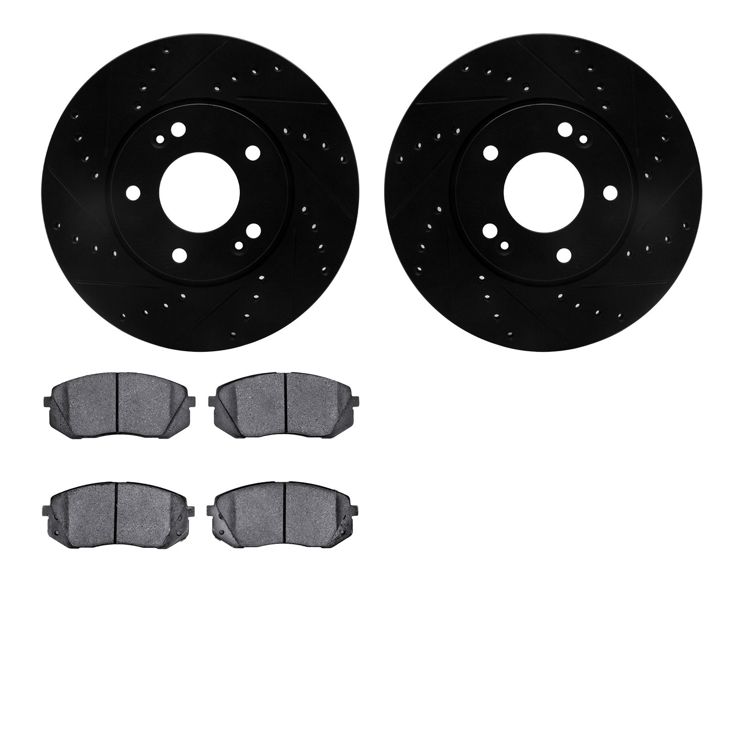 8502-21007 Drilled/Slotted Brake Rotors w/5000 Advanced Brake Pads Kit [Black], 2007-2010 Kia/Hyundai/Genesis, Position: Front