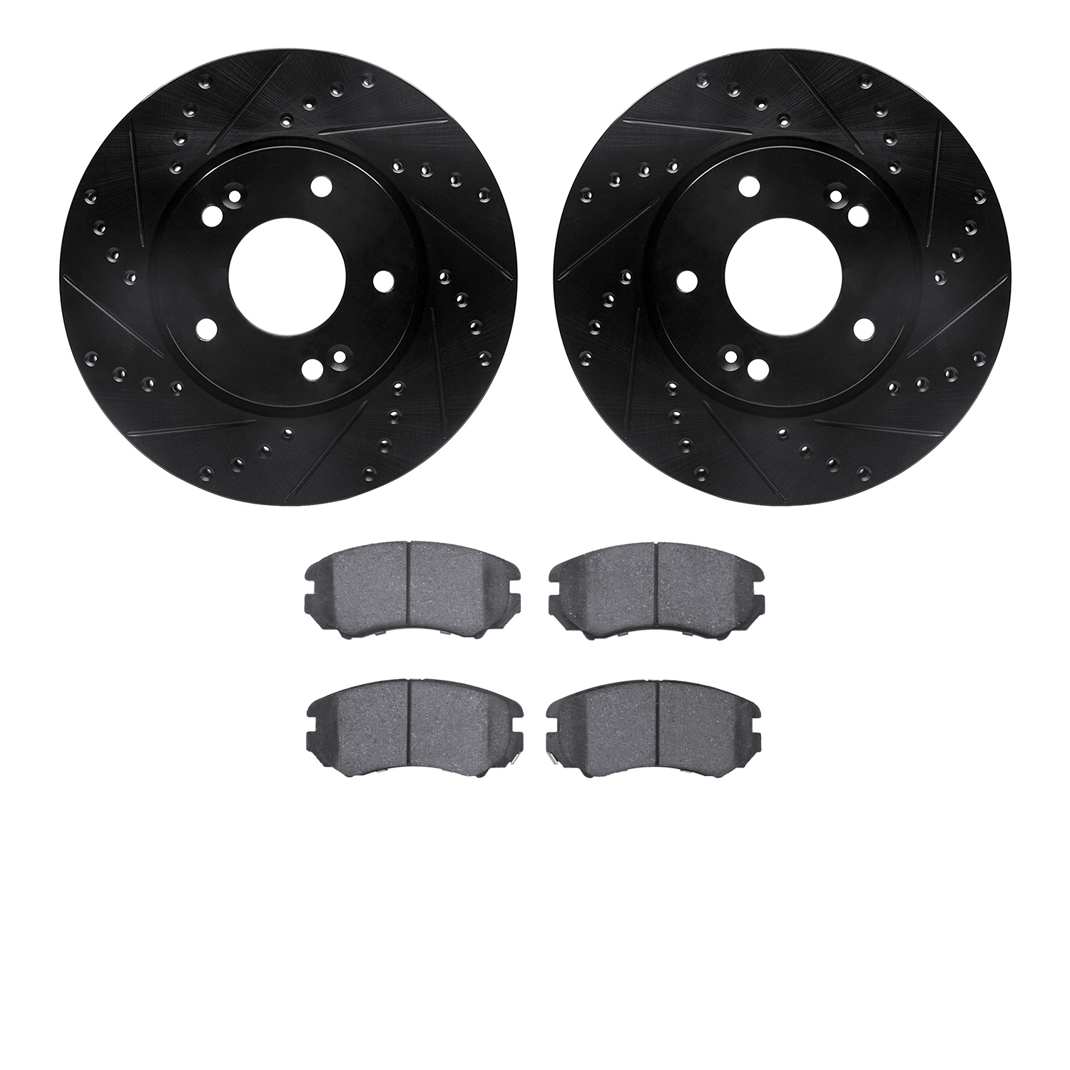 8502-21009 Drilled/Slotted Brake Rotors w/5000 Advanced Brake Pads Kit [Black], 2010-2011 Kia/Hyundai/Genesis, Position: Front