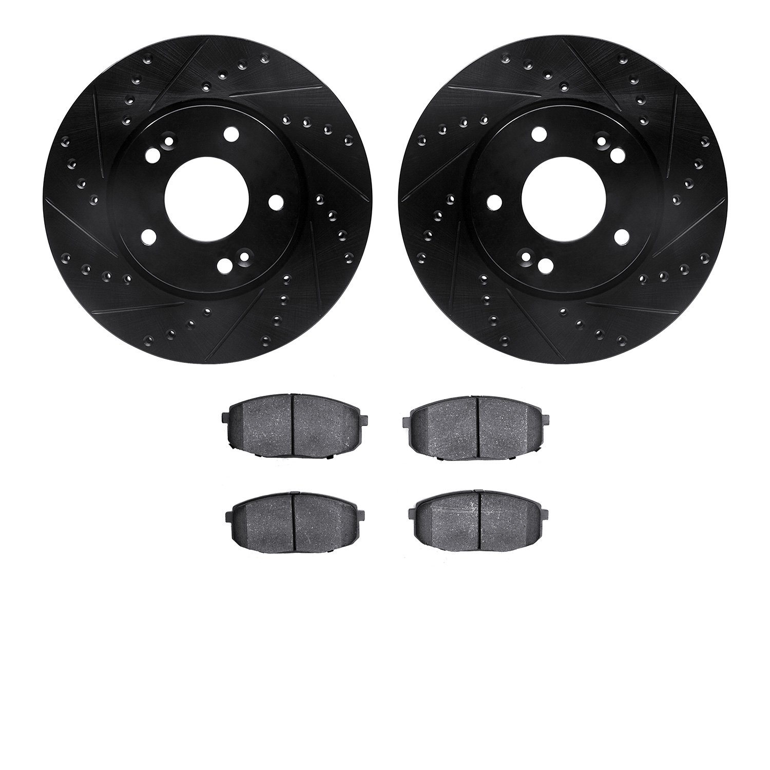 8502-21010 Drilled/Slotted Brake Rotors w/5000 Advanced Brake Pads Kit [Black], 2010-2013 Kia/Hyundai/Genesis, Position: Front