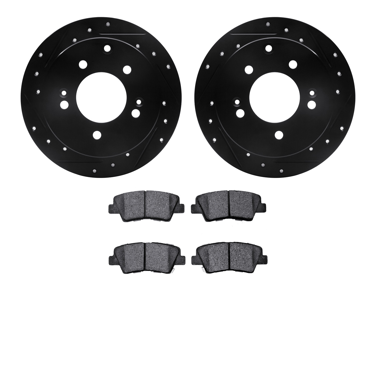 8502-21013 Drilled/Slotted Brake Rotors w/5000 Advanced Brake Pads Kit [Black], 2010-2013 Kia/Hyundai/Genesis, Position: Rear