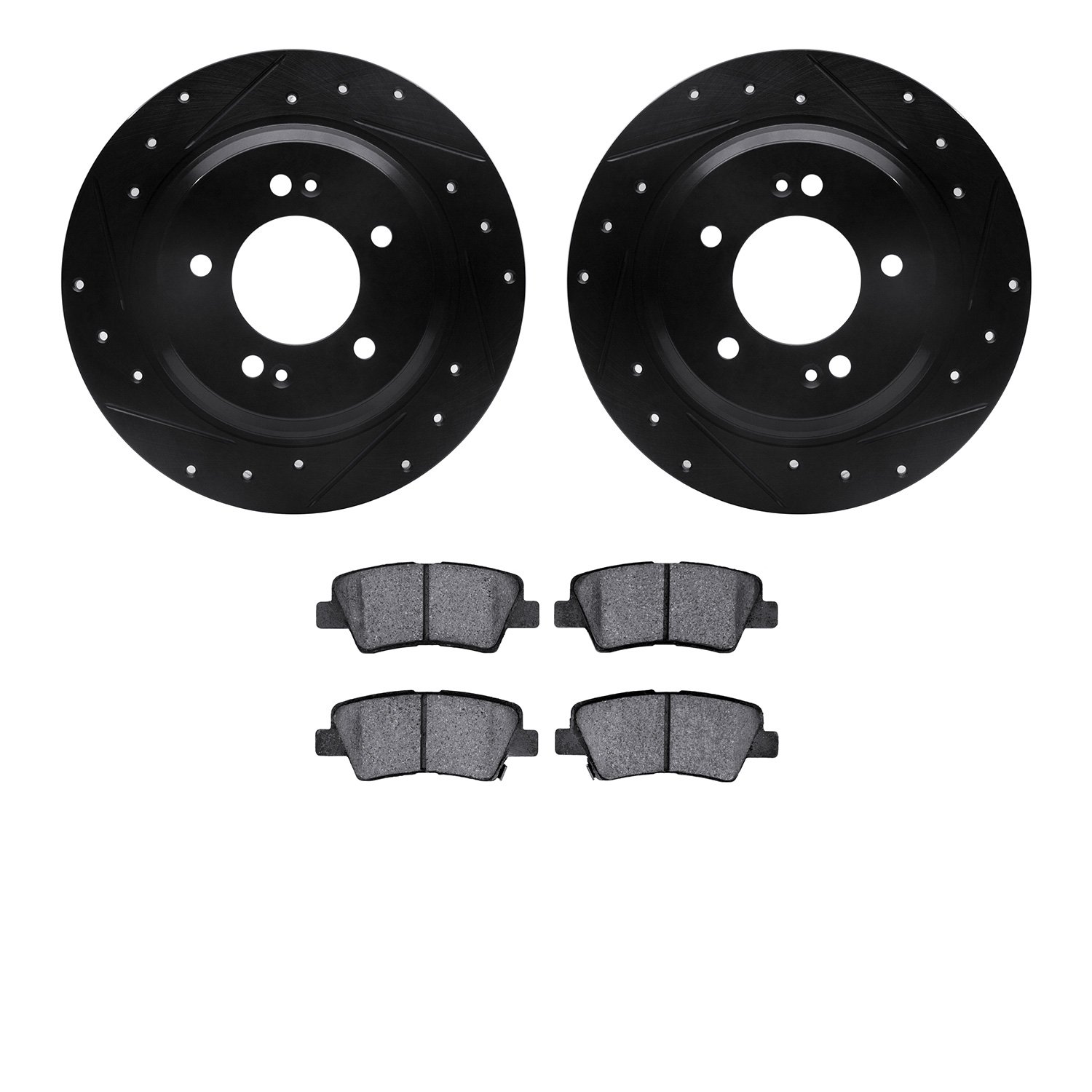 8502-21014 Drilled/Slotted Brake Rotors w/5000 Advanced Brake Pads Kit [Black], Fits Select Kia/Hyundai/Genesis, Position: Rear