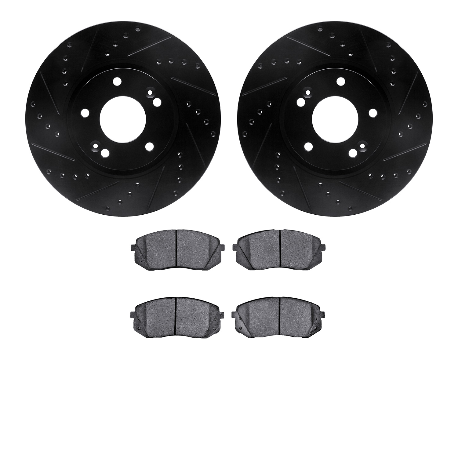 8502-21018 Drilled/Slotted Brake Rotors w/5000 Advanced Brake Pads Kit [Black], 2015-2017 Kia/Hyundai/Genesis, Position: Front
