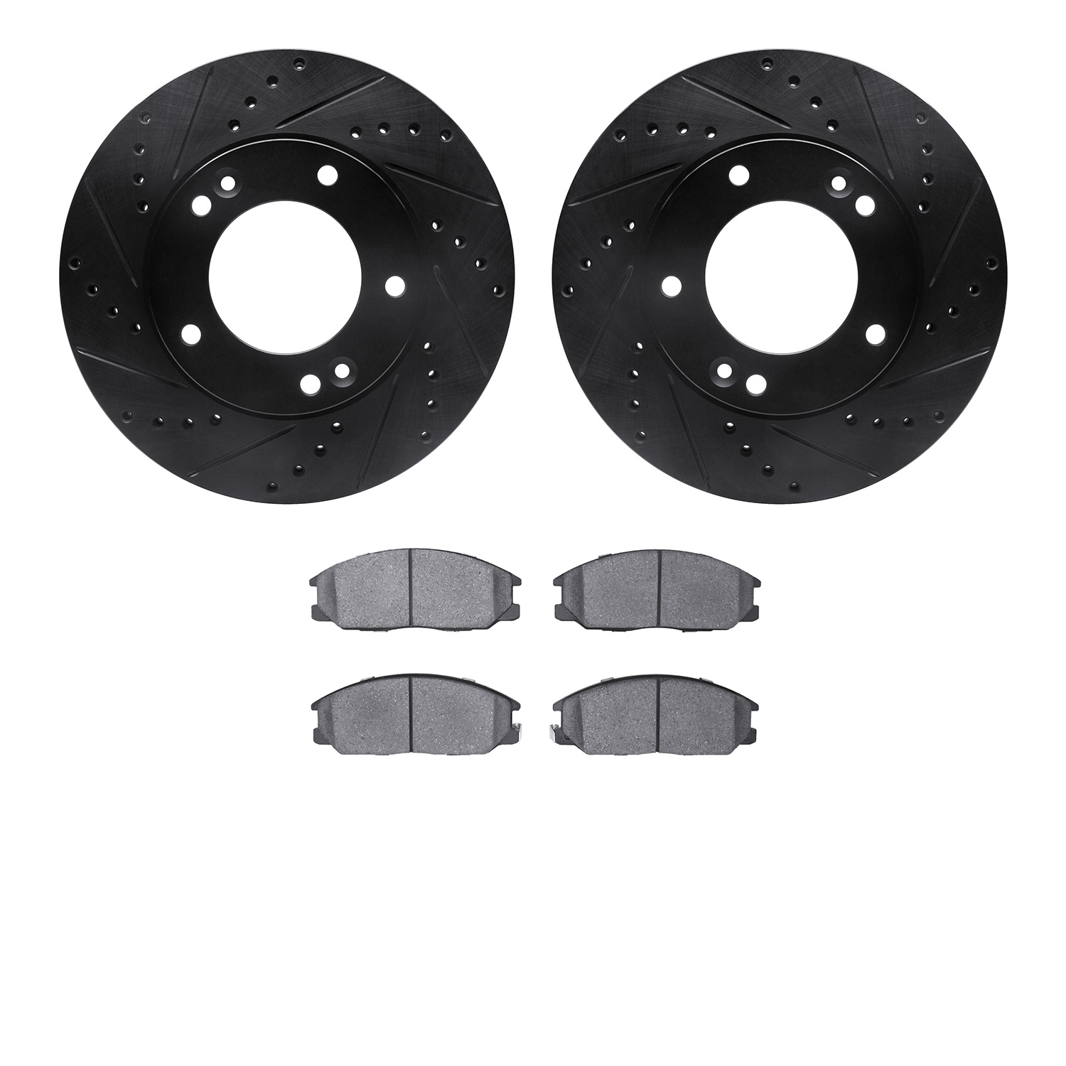 8502-21028 Drilled/Slotted Brake Rotors w/5000 Advanced Brake Pads Kit [Black], 2007-2009 Kia/Hyundai/Genesis, Position: Front