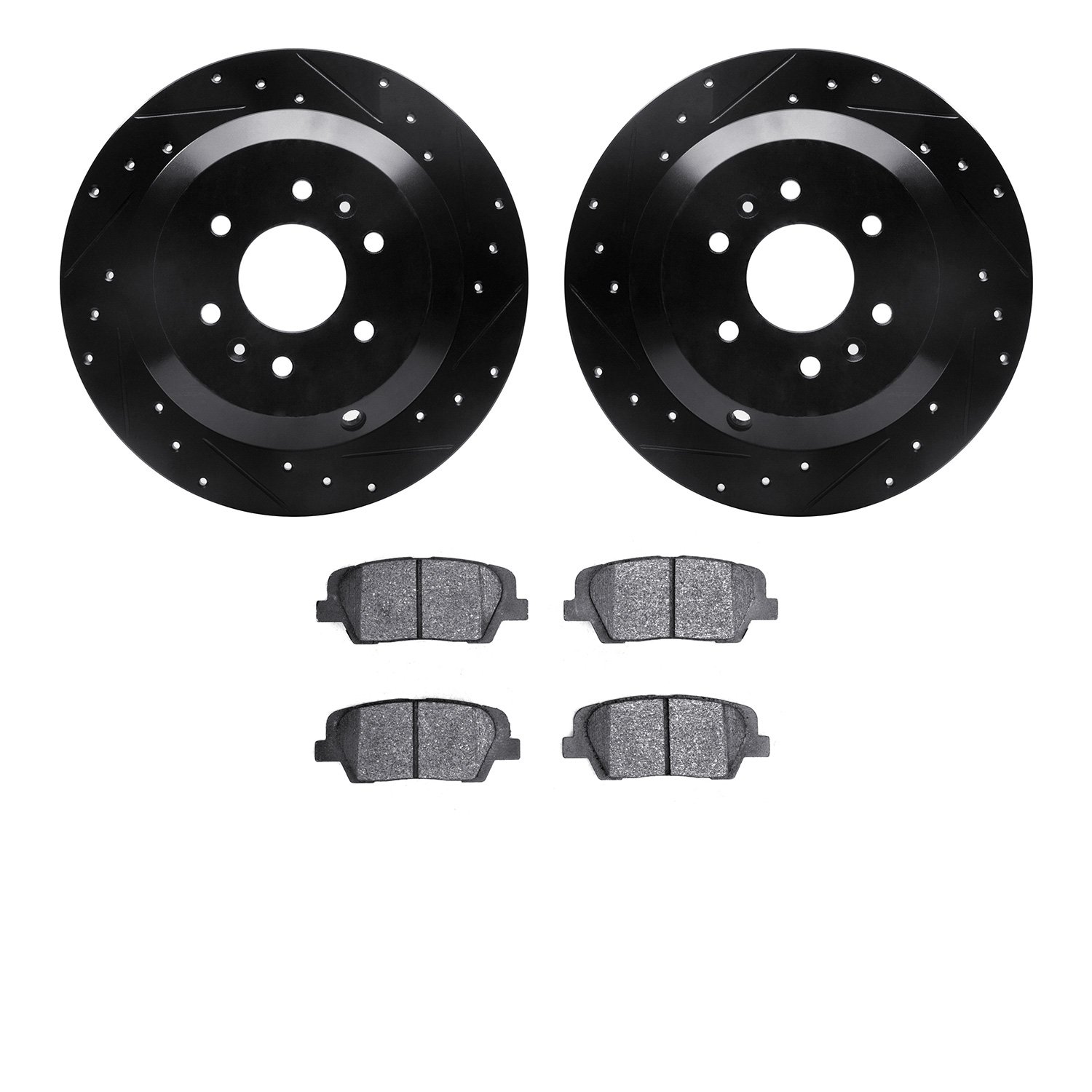 8502-21030 Drilled/Slotted Brake Rotors w/5000 Advanced Brake Pads Kit [Black], 2009-2010 Kia/Hyundai/Genesis, Position: Rear